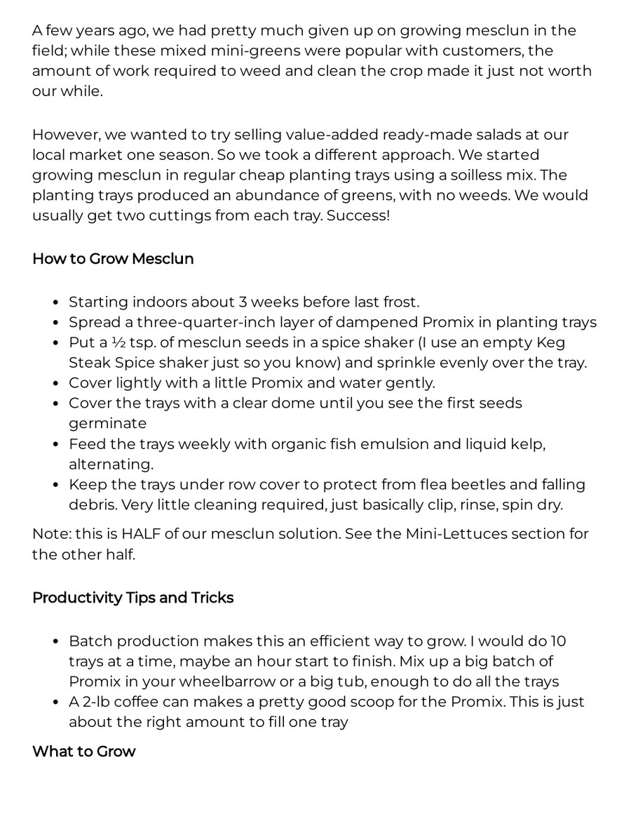 Real farm mesclun production example from the guide