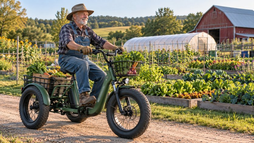 Older farmer riding an electric trike beside a large vegetable garden